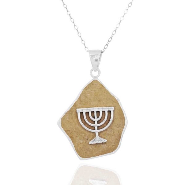 Jerusalem Stone Silver Holy Menorah Necklace-0